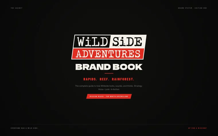 Cover of the Wildside Adventures brand book built by YKC Agency, Mission Beach